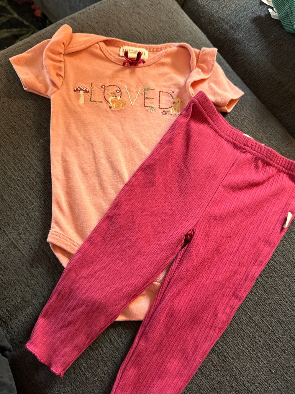 Unloved? Kids Matching Set — Peach Bodysuit & Raspberry Leggings